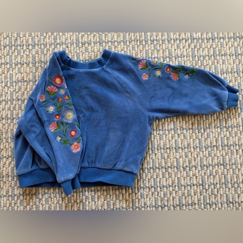 Mini Boden Blue Crewneck Sweatshirt with Pink Floral Trim